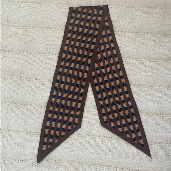 Vintage 70s Vera Checkered geometric oblong skinny narrow split Scarf brown tan - Picture 5 of 8